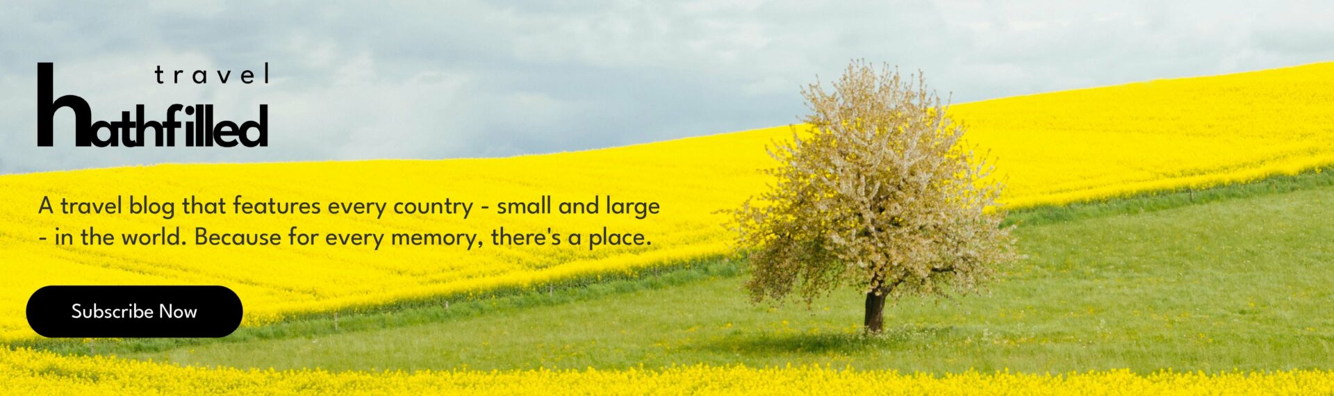 hathfilled travel logo and text along with subscribe button on a photo of a tree standing along in a field of yellow flowers